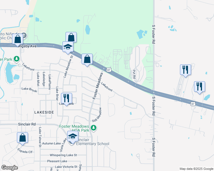 map of restaurants, bars, coffee shops, grocery stores, and more near 2850 Foster Meadows in San Antonio