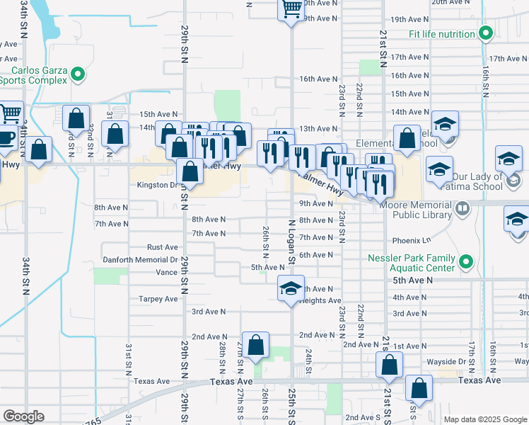 map of restaurants, bars, coffee shops, grocery stores, and more near 2533 8th Avenue North in Texas City