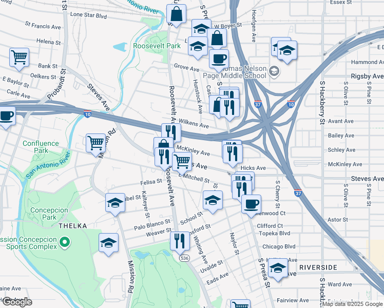 map of restaurants, bars, coffee shops, grocery stores, and more near 851 Steves Avenue in San Antonio
