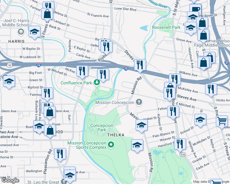 map of restaurants, bars, coffee shops, grocery stores, and more near 113 Oakcrest Avenue in San Antonio