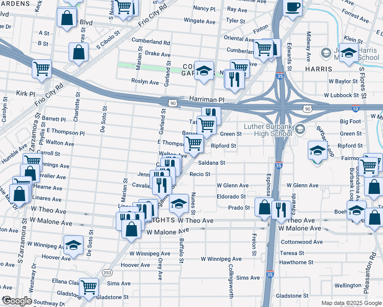 map of restaurants, bars, coffee shops, grocery stores, and more near 2110 Nogalitos Street in San Antonio