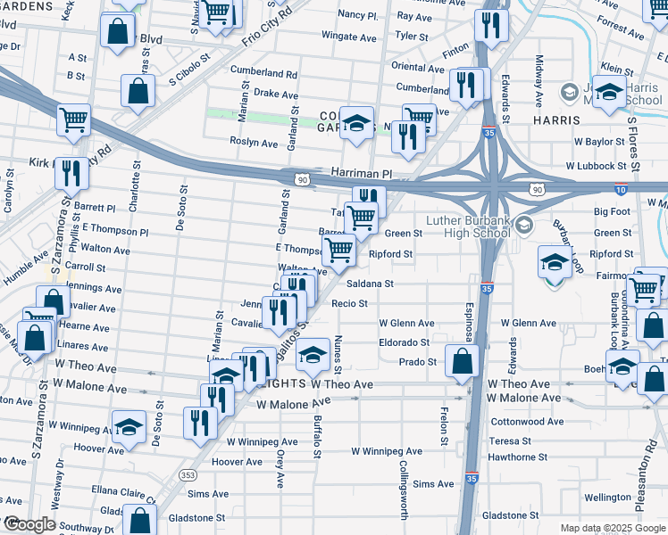 map of restaurants, bars, coffee shops, grocery stores, and more near 2110 Nogalitos Street in San Antonio