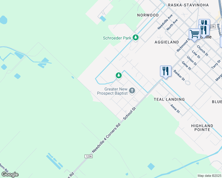 map of restaurants, bars, coffee shops, grocery stores, and more near 8616 Park Street in Needville
