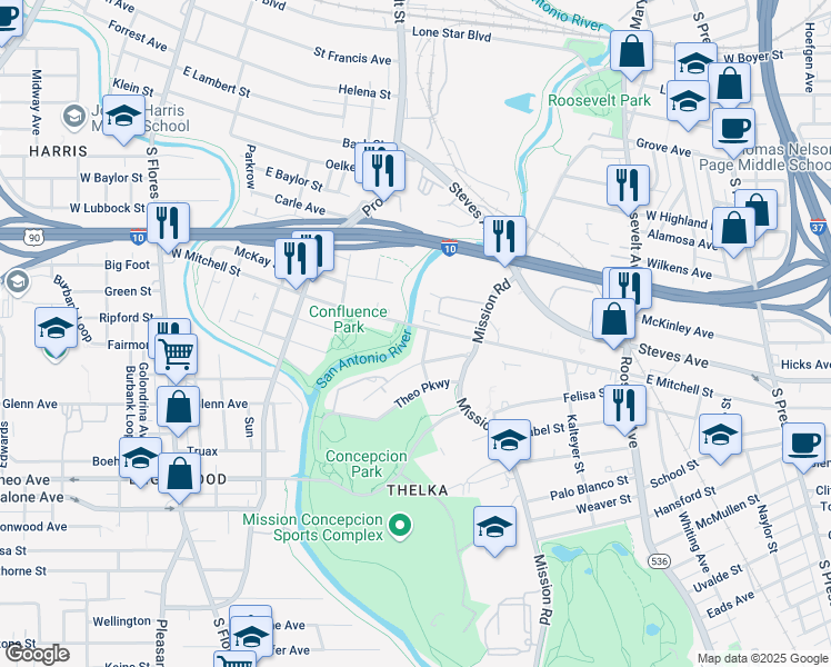 map of restaurants, bars, coffee shops, grocery stores, and more near 113 Oakcrest Avenue in San Antonio