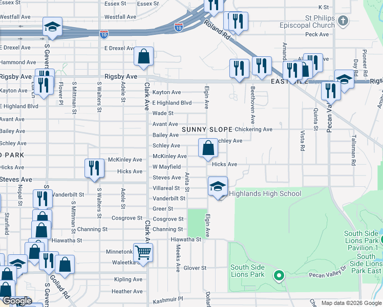 map of restaurants, bars, coffee shops, grocery stores, and more near 2302 McKinley Avenue in San Antonio