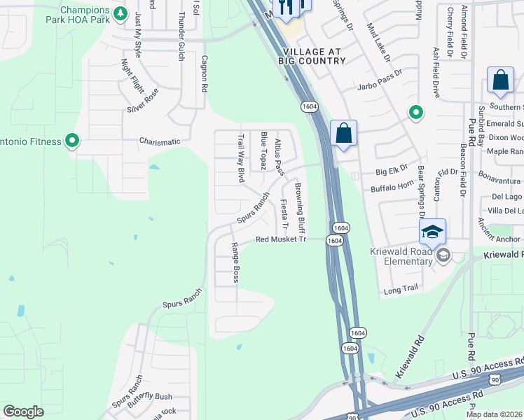 map of restaurants, bars, coffee shops, grocery stores, and more near 10815 Palomino Bluff in San Antonio
