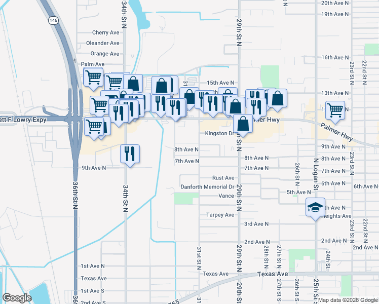 map of restaurants, bars, coffee shops, grocery stores, and more near 3113 8th Avenue North in Texas City
