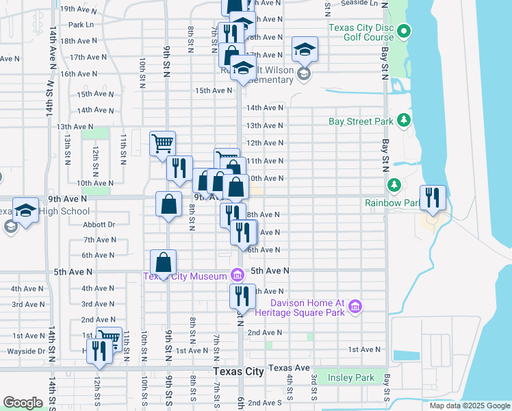map of restaurants, bars, coffee shops, grocery stores, and more near 519 9th Avenue North in Texas City