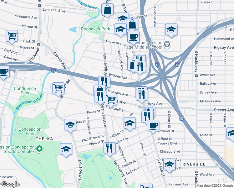 map of restaurants, bars, coffee shops, grocery stores, and more near 851 Steves Avenue in San Antonio