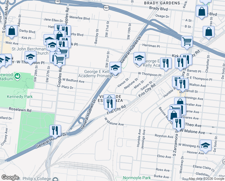 map of restaurants, bars, coffee shops, grocery stores, and more near 2318 Jupiter Street in San Antonio