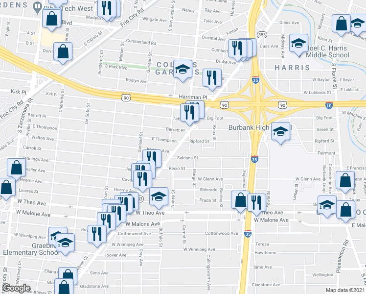 map of restaurants, bars, coffee shops, grocery stores, and more near 2110 Nogalitos Street in San Antonio