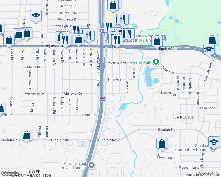 map of restaurants, bars, coffee shops, grocery stores, and more near 2735 Wayne Drive in San Antonio
