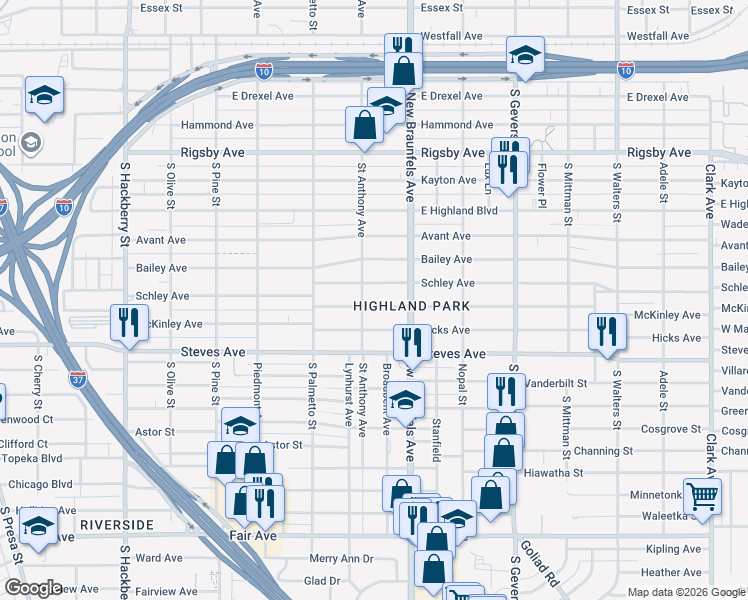 map of restaurants, bars, coffee shops, grocery stores, and more near 1406 McKinley Avenue in San Antonio