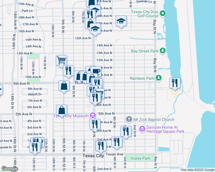 map of restaurants, bars, coffee shops, grocery stores, and more near 800 5th Street North in Texas City