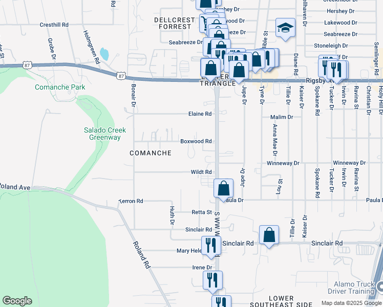 map of restaurants, bars, coffee shops, grocery stores, and more near 2143 Texas 13 Loop in San Antonio