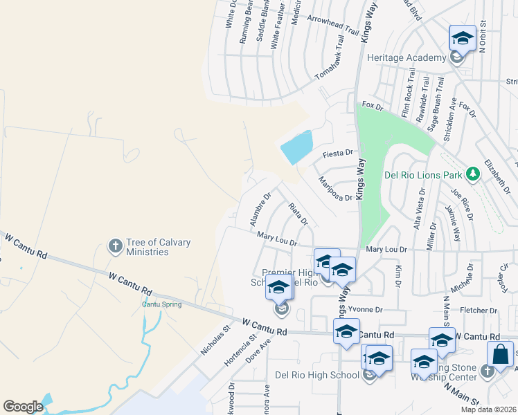 map of restaurants, bars, coffee shops, grocery stores, and more near 113 Alambre Drive in Del Rio