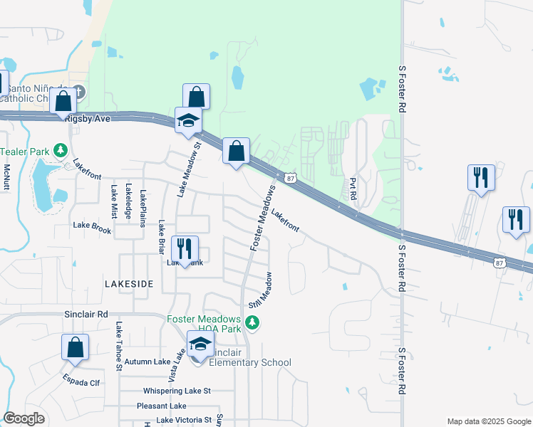 map of restaurants, bars, coffee shops, grocery stores, and more near 2850 Foster Meadows in San Antonio