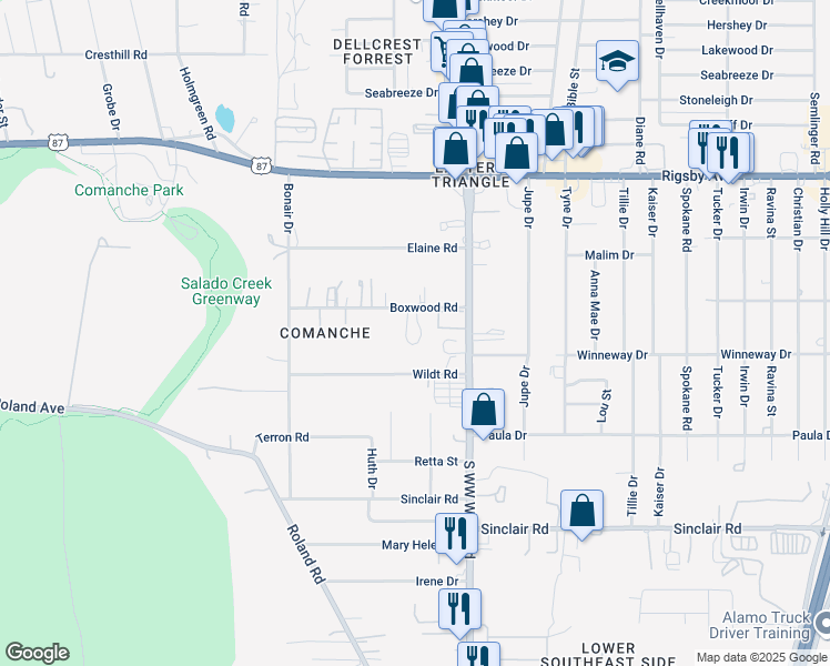 map of restaurants, bars, coffee shops, grocery stores, and more near 2143 Texas 13 Loop in San Antonio