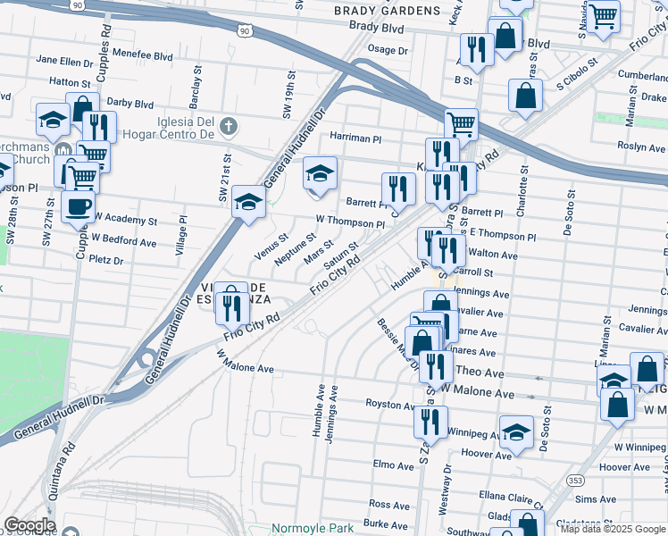 map of restaurants, bars, coffee shops, grocery stores, and more near 3202 Saturn Street in San Antonio