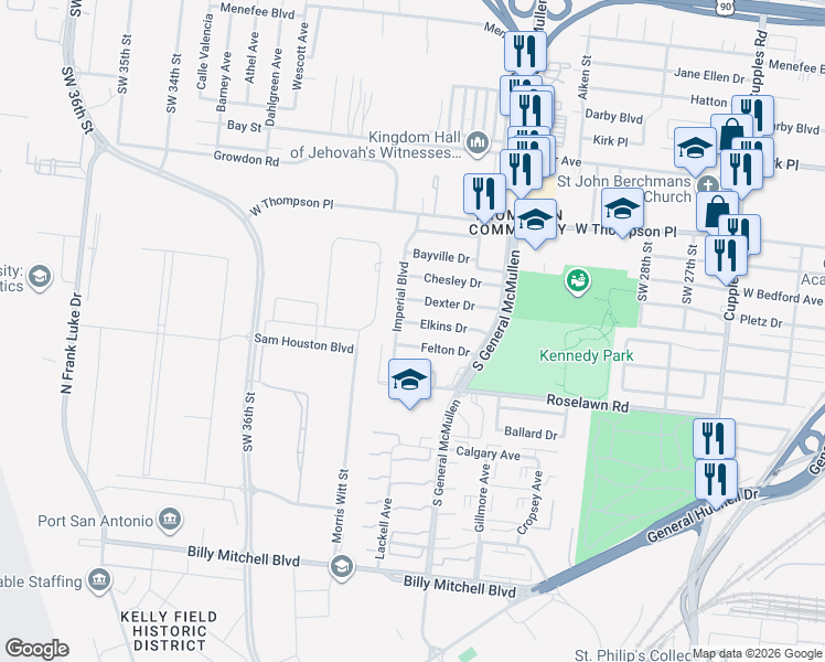 map of restaurants, bars, coffee shops, grocery stores, and more near 151 Felton Drive in San Antonio