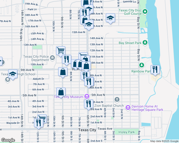 map of restaurants, bars, coffee shops, grocery stores, and more near 519 9th Avenue North in Texas City