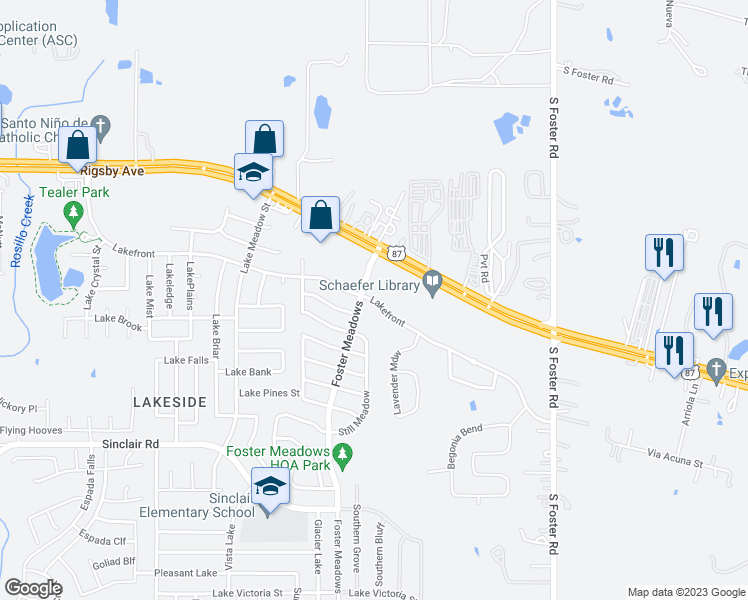map of restaurants, bars, coffee shops, grocery stores, and more near 6107 Lakefront in San Antonio