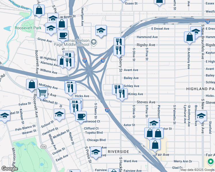 map of restaurants, bars, coffee shops, grocery stores, and more near 819 McKinley Avenue in San Antonio