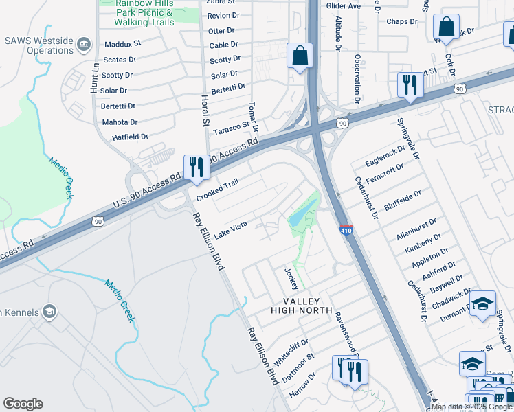 map of restaurants, bars, coffee shops, grocery stores, and more near 830 Lake Vista in San Antonio