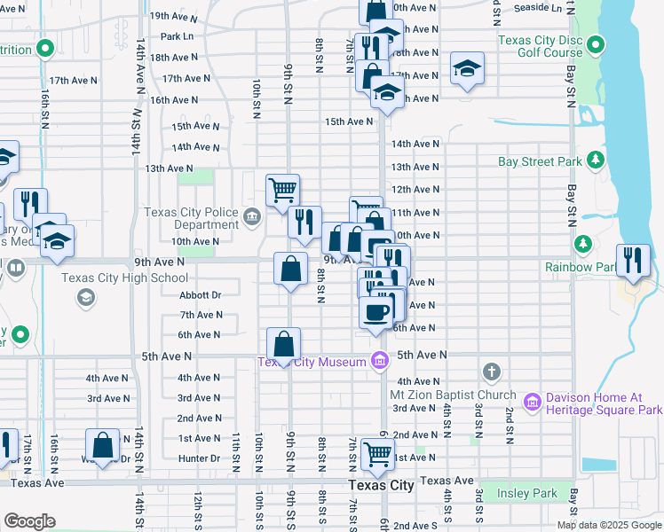 map of restaurants, bars, coffee shops, grocery stores, and more near 720 8th Avenue North in Texas City