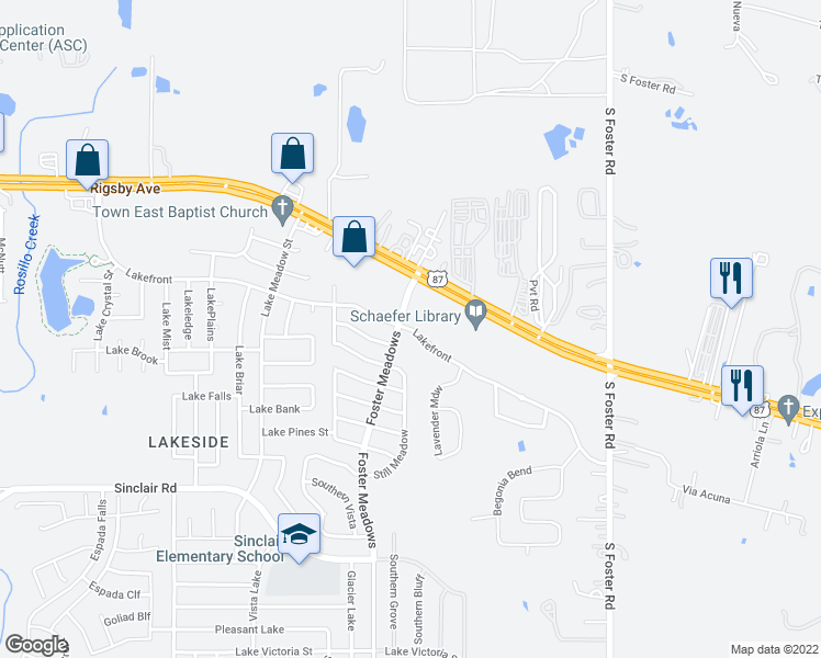 map of restaurants, bars, coffee shops, grocery stores, and more near 6102 Lakefront in San Antonio