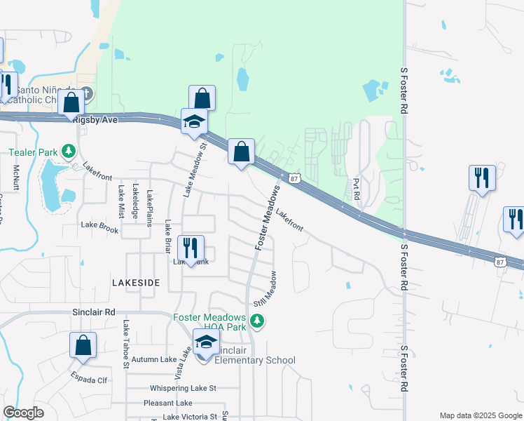 map of restaurants, bars, coffee shops, grocery stores, and more near 6050 Lakefront in San Antonio