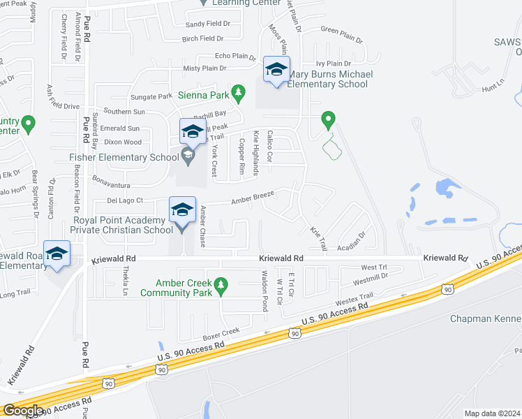 map of restaurants, bars, coffee shops, grocery stores, and more near 9906 Amber Ledge in San Antonio