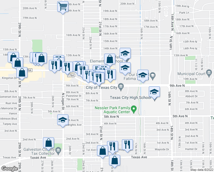 map of restaurants, bars, coffee shops, grocery stores, and more near 9th Avenue North in Texas City