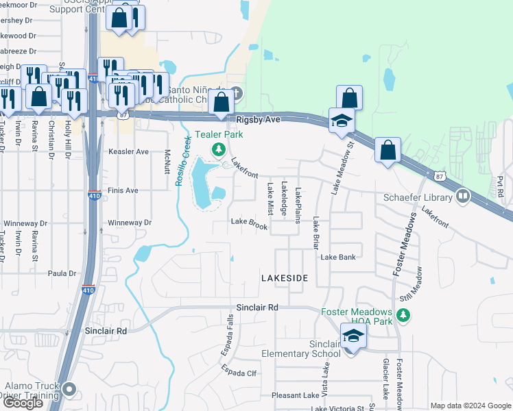 map of restaurants, bars, coffee shops, grocery stores, and more near 5826 Lake Wind in San Antonio