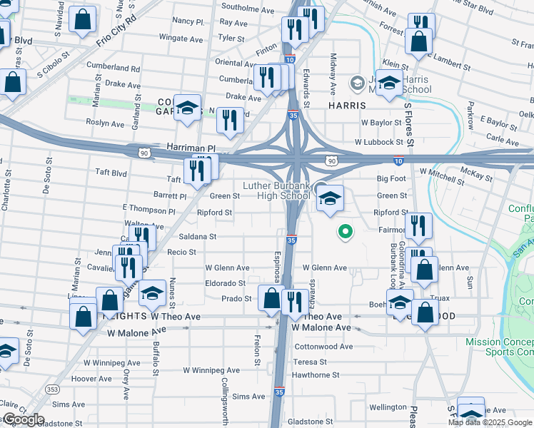 map of restaurants, bars, coffee shops, grocery stores, and more near 714 Green Street in San Antonio