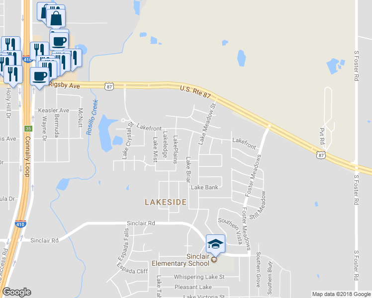 map of restaurants, bars, coffee shops, grocery stores, and more near 2707 Lake Briar in San Antonio