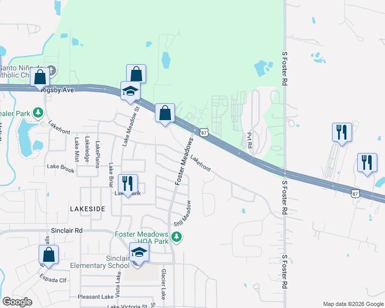 map of restaurants, bars, coffee shops, grocery stores, and more near 6107 Lakefront in San Antonio