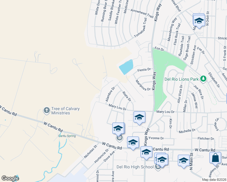 map of restaurants, bars, coffee shops, grocery stores, and more near 124 Alambre Drive in Del Rio