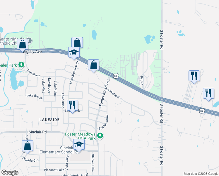 map of restaurants, bars, coffee shops, grocery stores, and more near 6107 Lakefront in San Antonio