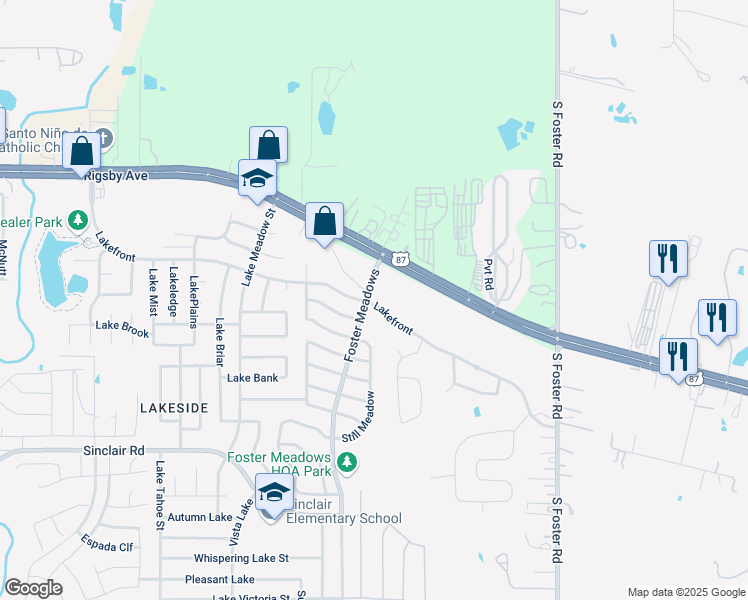 map of restaurants, bars, coffee shops, grocery stores, and more near 6107 Lakefront in San Antonio