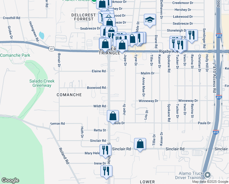 map of restaurants, bars, coffee shops, grocery stores, and more near in San Antonio