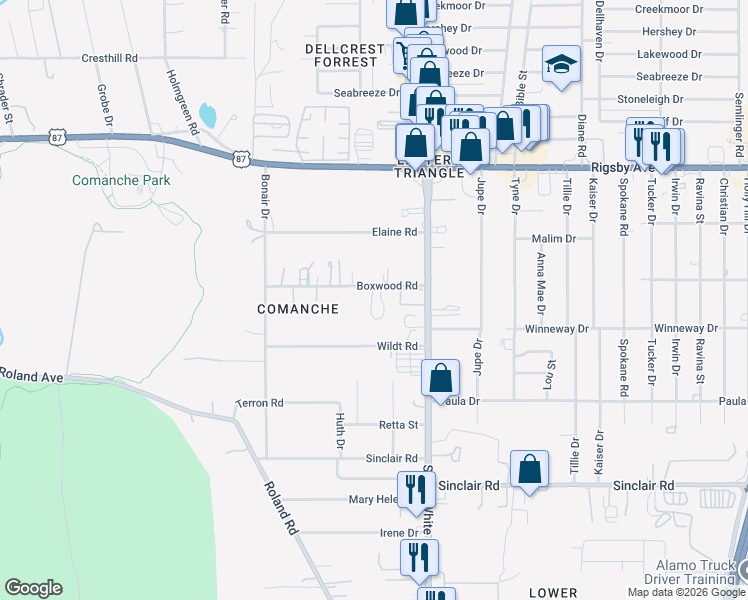 map of restaurants, bars, coffee shops, grocery stores, and more near 4355 Boxwood Road in San Antonio