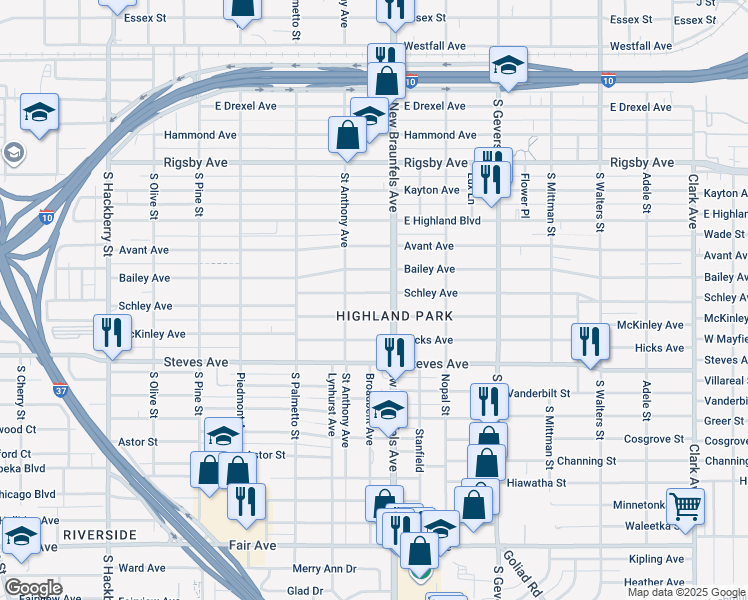map of restaurants, bars, coffee shops, grocery stores, and more near 1430 Schley Avenue in San Antonio