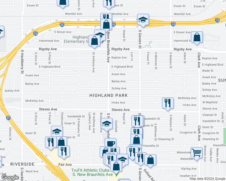 map of restaurants, bars, coffee shops, grocery stores, and more near 1512 Schley Avenue in San Antonio