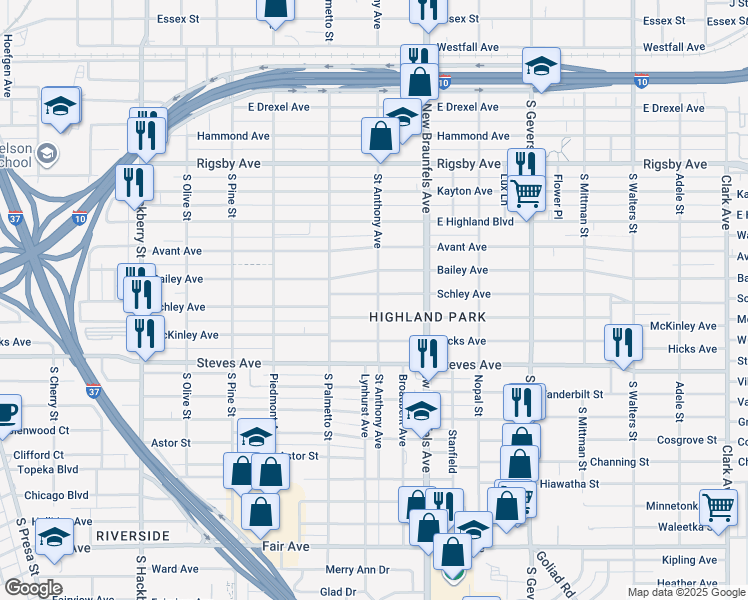 map of restaurants, bars, coffee shops, grocery stores, and more near 1344 Schley Avenue in San Antonio