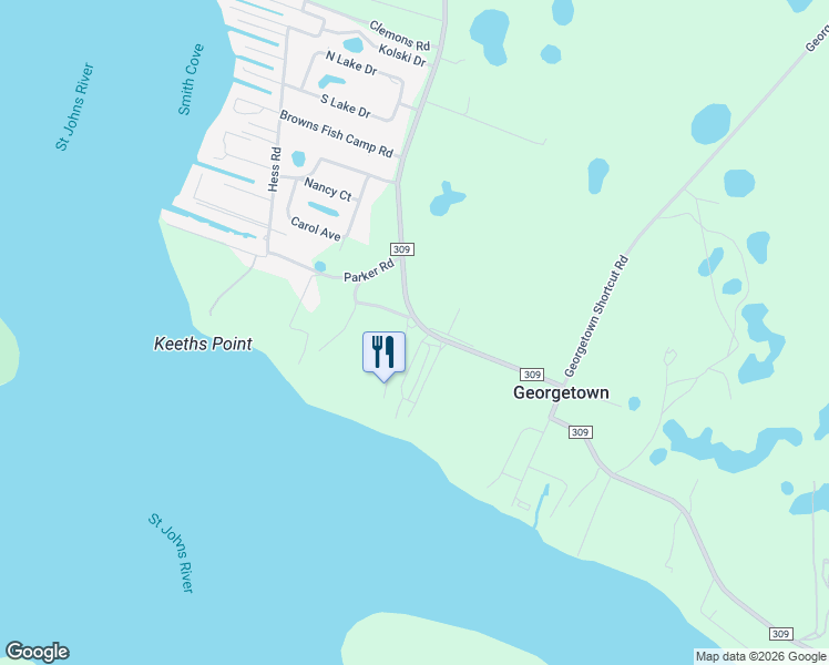 map of restaurants, bars, coffee shops, grocery stores, and more near 104 Hires Road in Georgetown