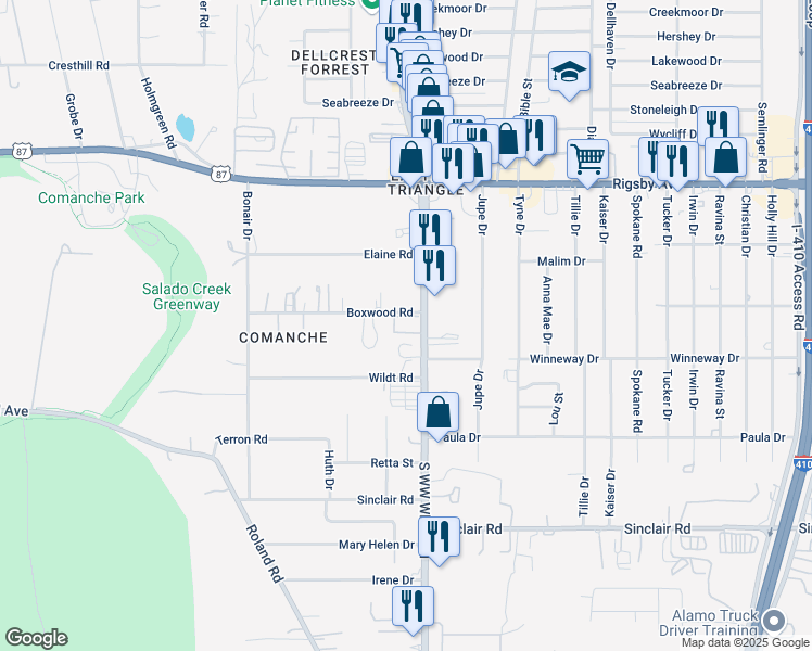 map of restaurants, bars, coffee shops, grocery stores, and more near 4423 Boxwood Road in San Antonio