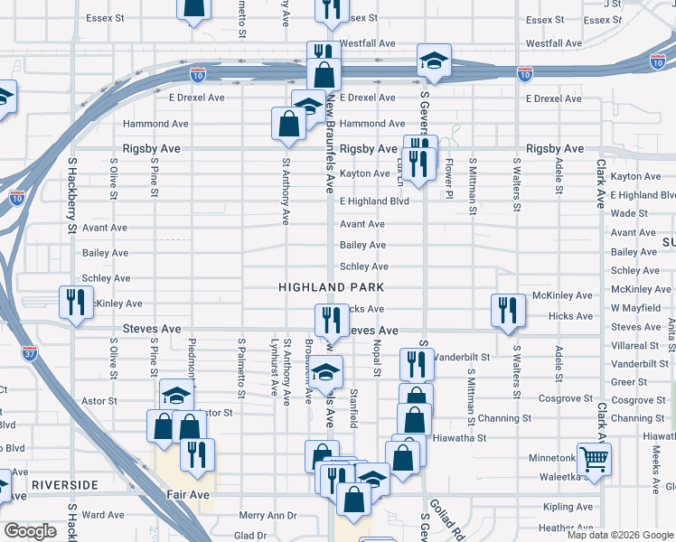 map of restaurants, bars, coffee shops, grocery stores, and more near 1445 Schley Avenue in San Antonio
