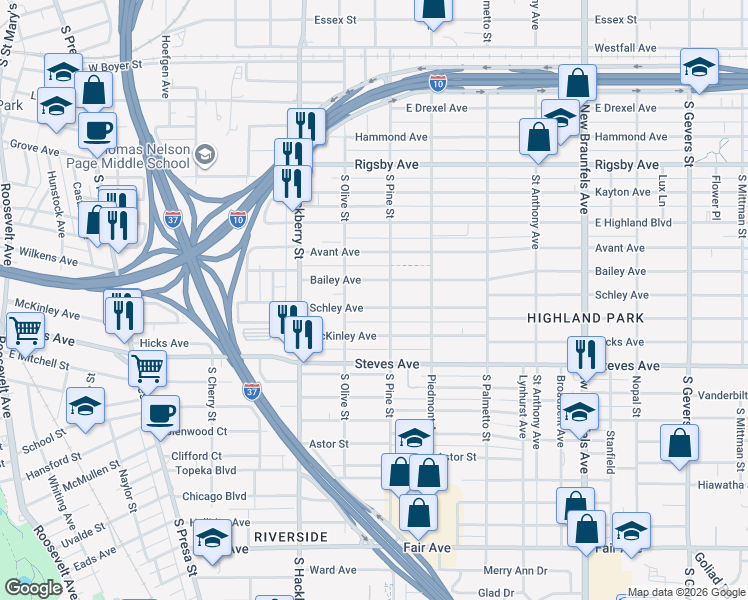 map of restaurants, bars, coffee shops, grocery stores, and more near 222 Bailey Avenue in San Antonio