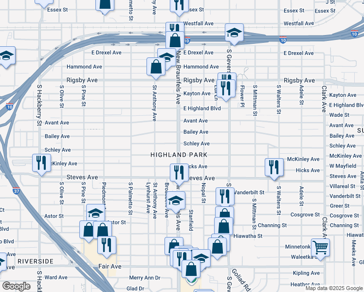 map of restaurants, bars, coffee shops, grocery stores, and more near 1445 Schley Avenue in San Antonio